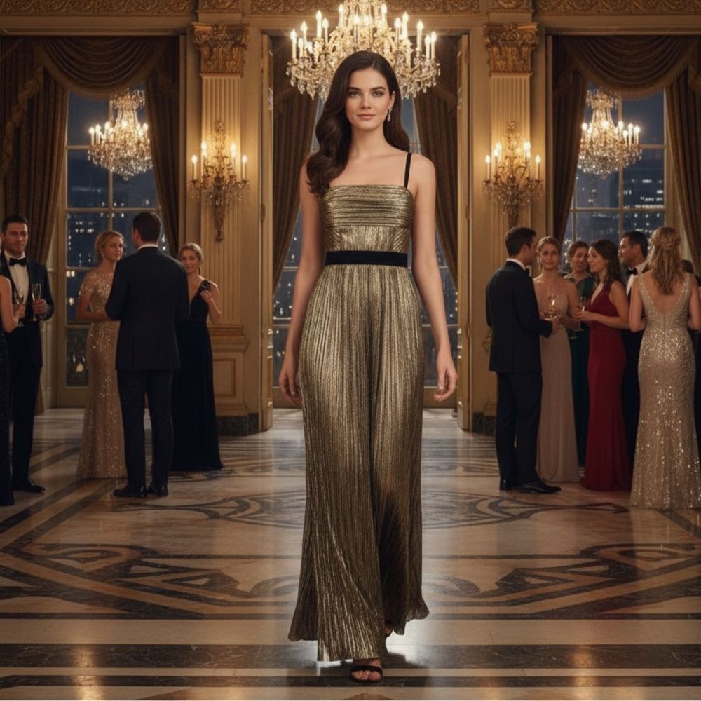 Gianni Bini Metallic Pleated Maxi Dress - Size 0